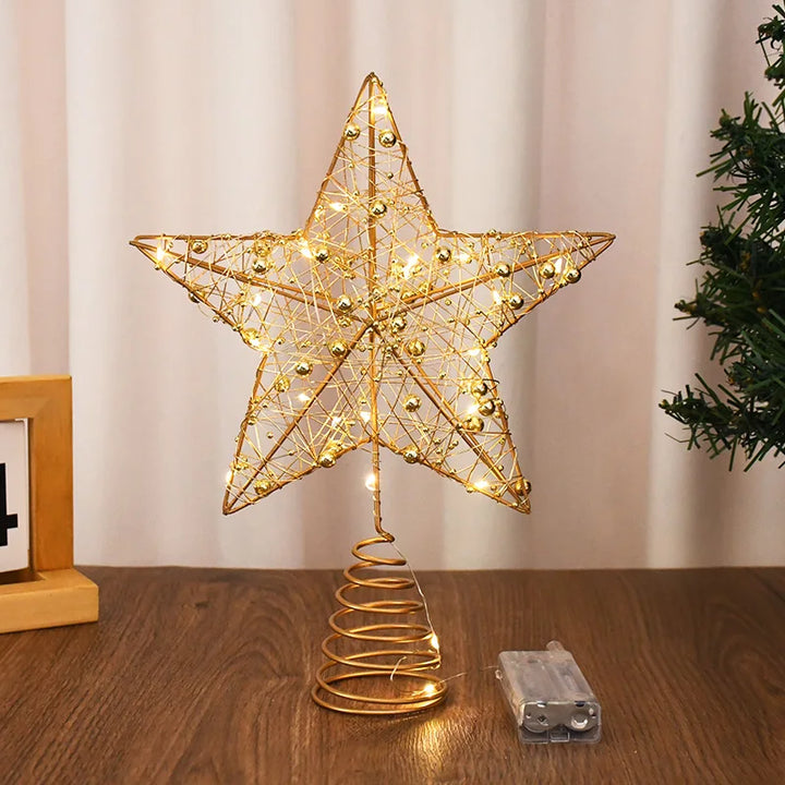 LED Christmas Tree Star Topper – Gold Pearl Wire Lighted Ornament