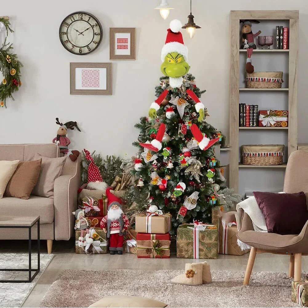 Grinch & Elf Christmas Tree Topper – Head, Arms & Legs Decoration for Xmas Tree & Party