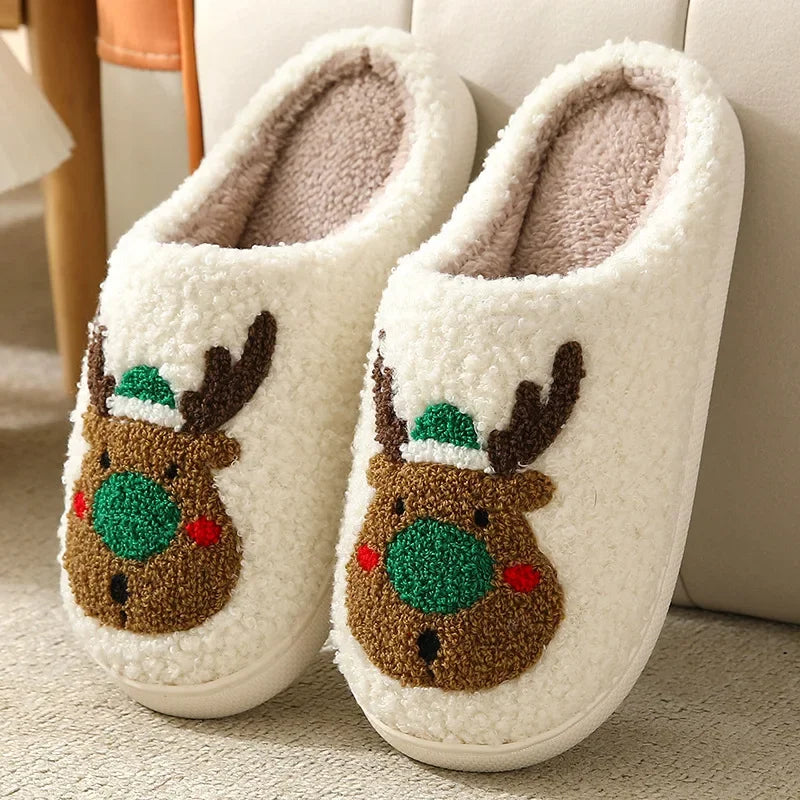 Christmas Elk Plush Slippers – Cozy Indoor Winter Shoes for Men & Women