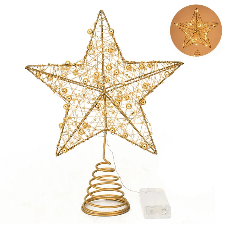 LED Christmas Tree Star Topper – Gold Pearl Wire Lighted Ornament