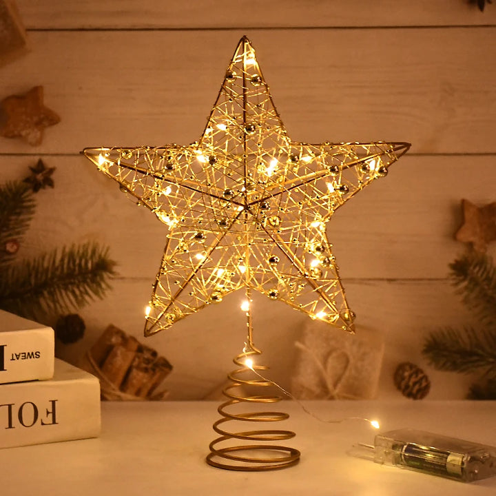 LED Christmas Tree Star Topper – Gold Pearl Wire Lighted Ornament