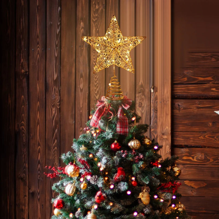 LED Christmas Tree Star Topper – Gold Pearl Wire Lighted Ornament