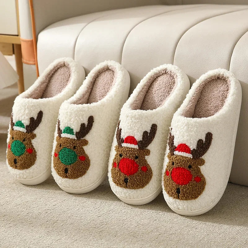 Christmas Elk Plush Slippers – Cozy Indoor Winter Shoes for Men & Women