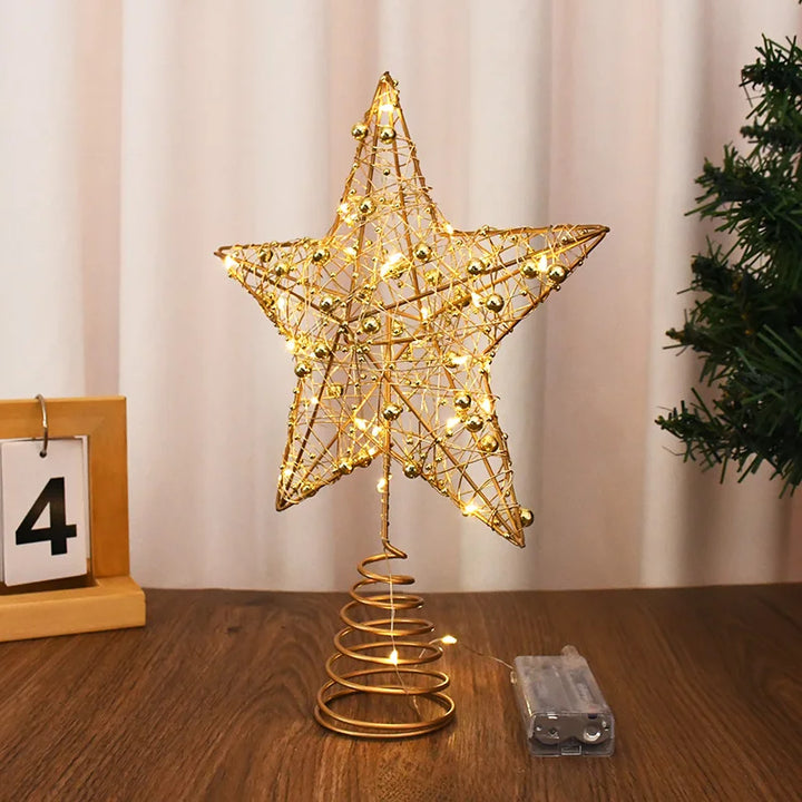 LED Christmas Tree Star Topper – Gold Pearl Wire Lighted Ornament
