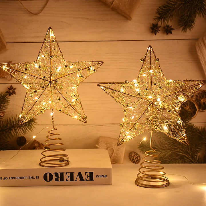 LED Christmas Tree Star Topper – Gold Pearl Wire Lighted Ornament