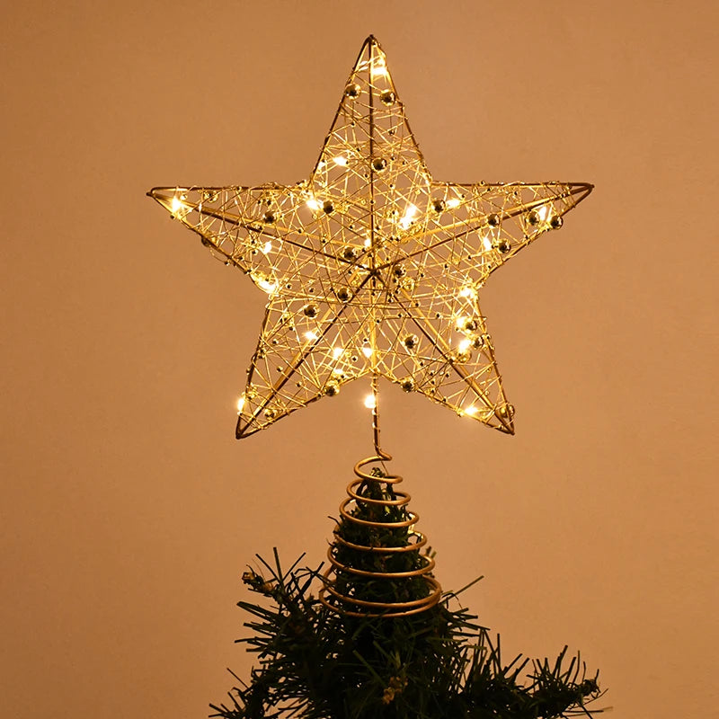 LED Christmas Tree Star Topper – Gold Pearl Wire Lighted Ornament